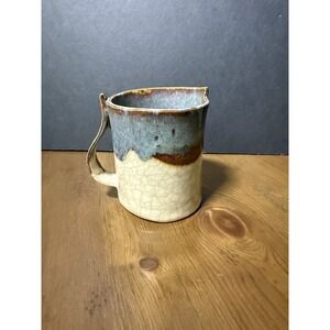 Handmade Studio Art Pottery Mug Crackle Glaze Blue Brown Beige Signed